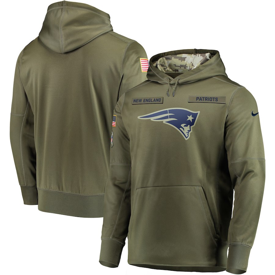 Men's New England Patriots 2018 Olive Salute to Service Sideline Therma Performance Pullover Stitched Hoodie